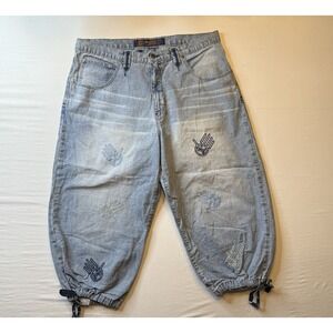 Miskeen Originals Pants Mens 38 Blue Baggy Denim Embroidered Drawstring Logo NEW